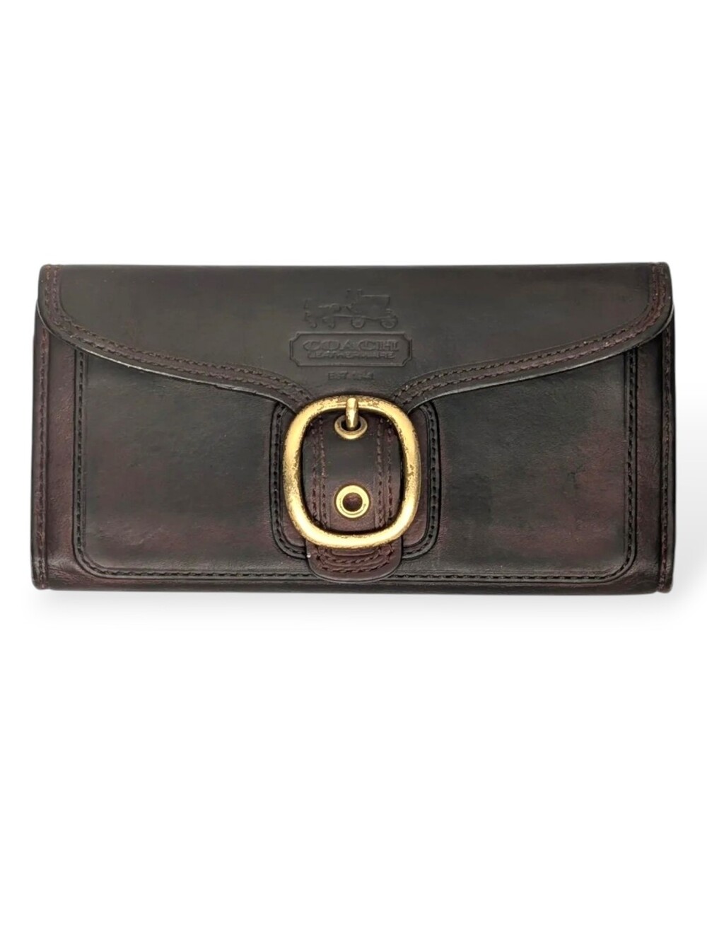 Vintage Coach Bleeker Dark Brown Smooth Leather Tattersall Buckle Long Wallet - Picture 1 of 16